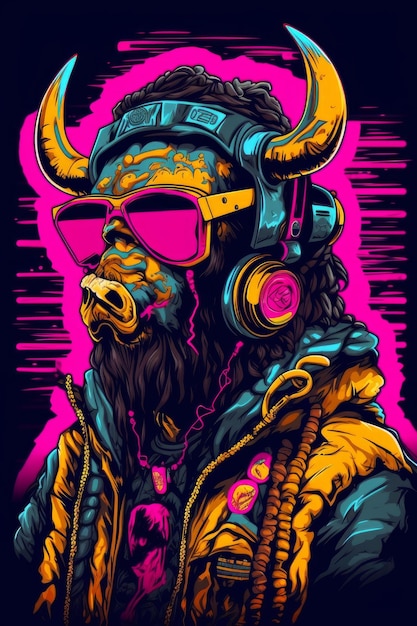 A colorful poster with a bull in a yellow jacket and headphones