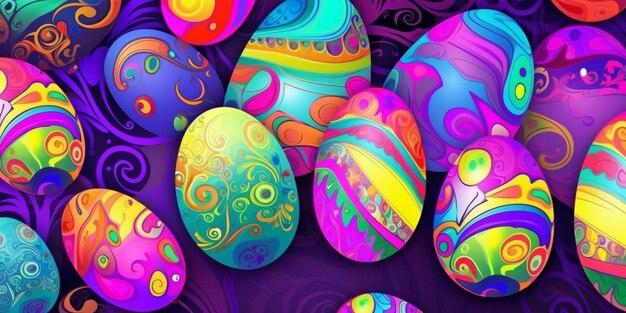 A colorful poster with a bunch of easter eggs on it