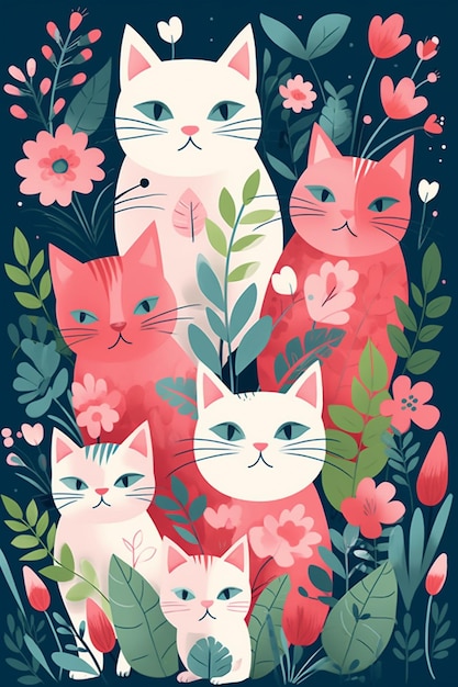 A colorful poster with cats in the flowers.