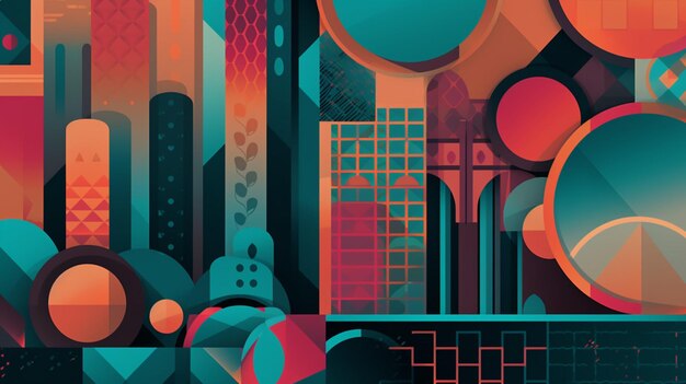 A colorful poster with a cityscape and a cityscape.