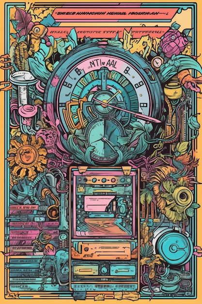 A colorful poster with a clock and music on it.