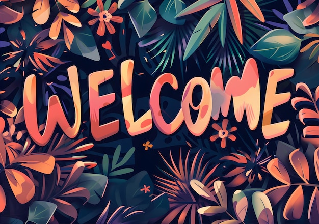 a colorful poster with a colorful tropical print that says welcome to welcome