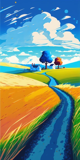 A colorful poster with a country road and a house on the left side.