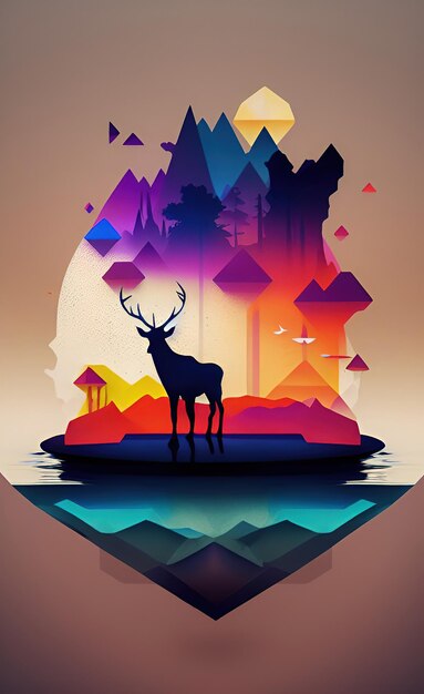 A colorful poster with a deer in the middle