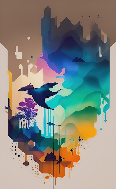 A colorful poster with a dragon flying above it.