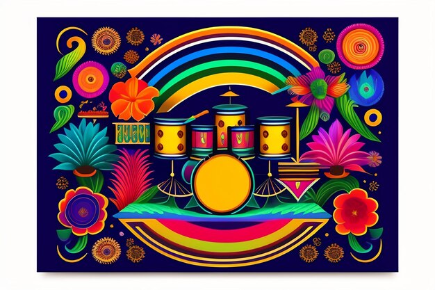 A colorful poster with a drum set and the words music on it