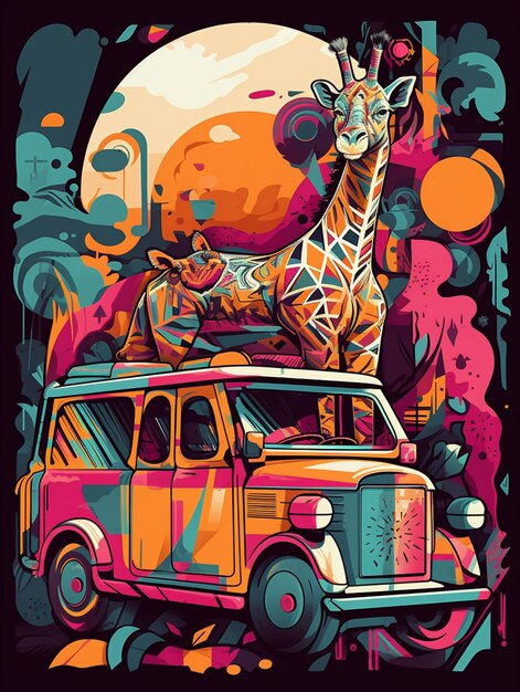 A colorful poster with a giraffe and a giraffe on top of it