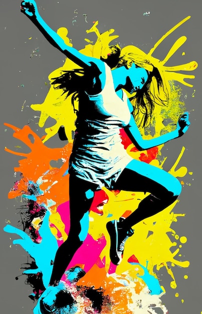 A colorful poster with a girl dancing in front of it.