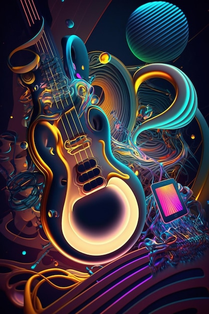 A colorful poster with a guitar and a phone.