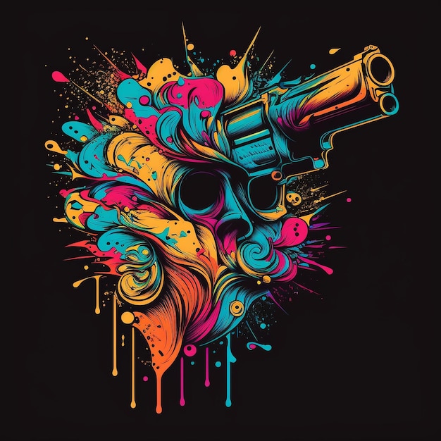 Красочный плакат с пистолетом и черепом на нем.