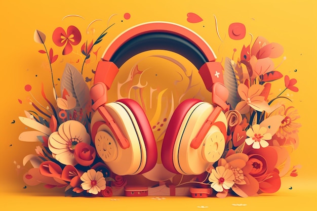 A colorful poster with headphones and flowers on it