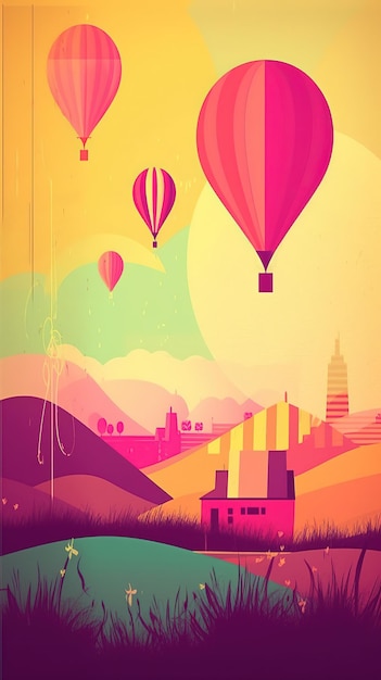 A colorful poster with a hot air balloon flying over a small town.