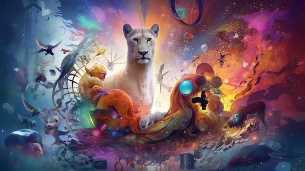 A colorful poster with a lion and a cat on it.