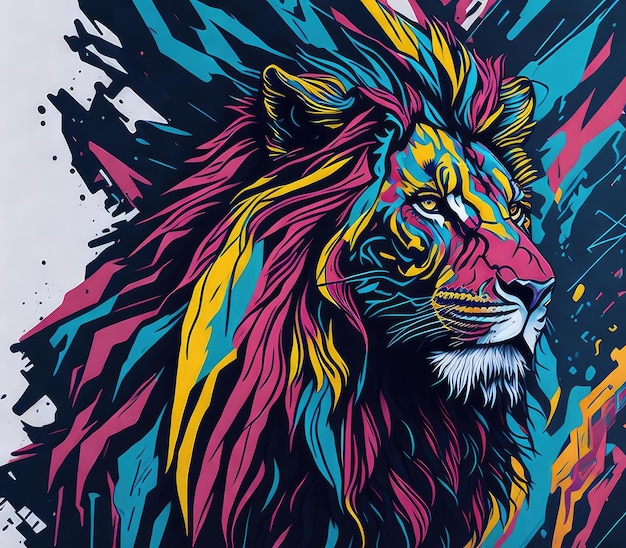 A colorful poster with a lion on it