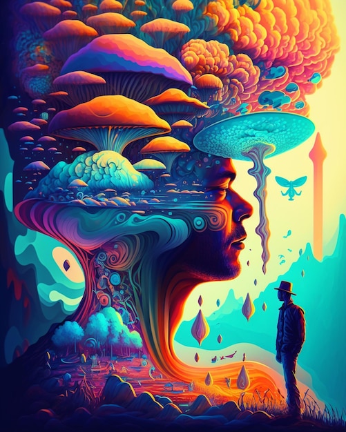 A colorful poster with a man looking at a mushroom and a black hat.