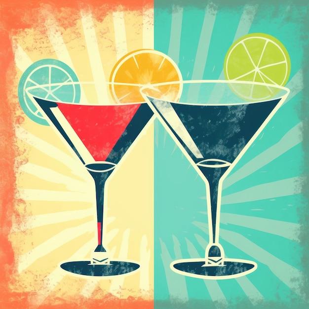 красочный плакат с мартини и бокалом для мартини.