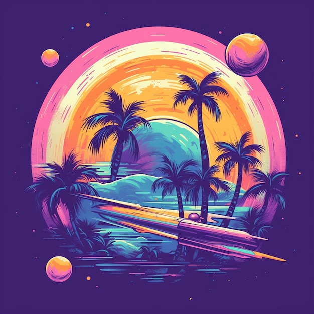 a colorful poster with palm trees and a sunset mockup tshirt