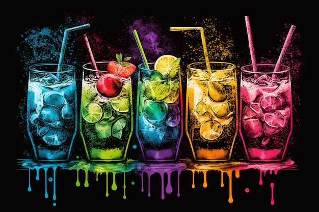 Foto un poster colorato con l'immagine di un bicchiere di alcol con una cannuccia e una bevanda color arcobaleno.