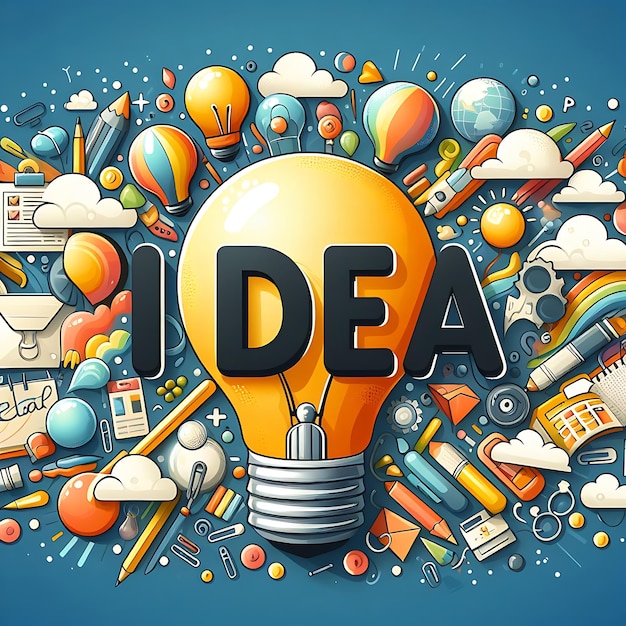 a colorful poster with a picture of a light bulb and the word idea