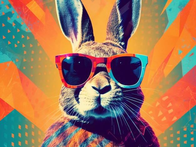 A colorful poster with a rabbit wearing sunglasses.