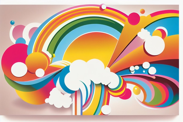 A colorful poster with a rainbow and sun on it.