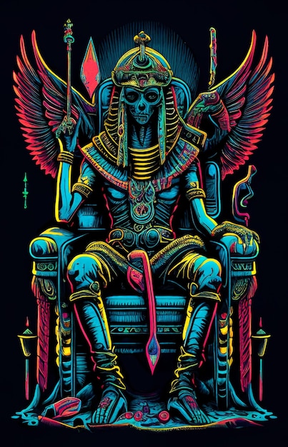 A colorful poster with a skull sitting on a throne.