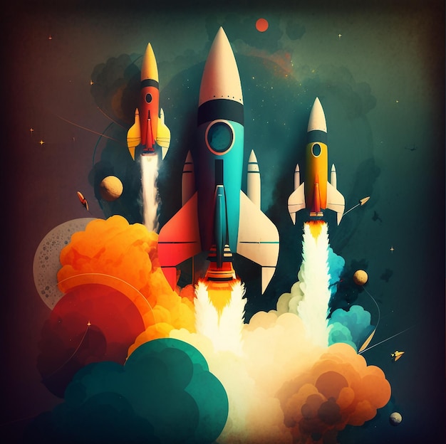 A colorful poster with three rockets in the middle of it.