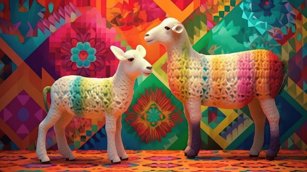 A colorful poster with two sheep on it