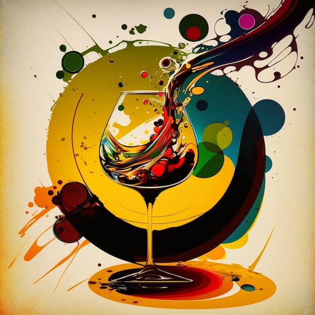 A colorful poster with a wine glass and a liquid in it.