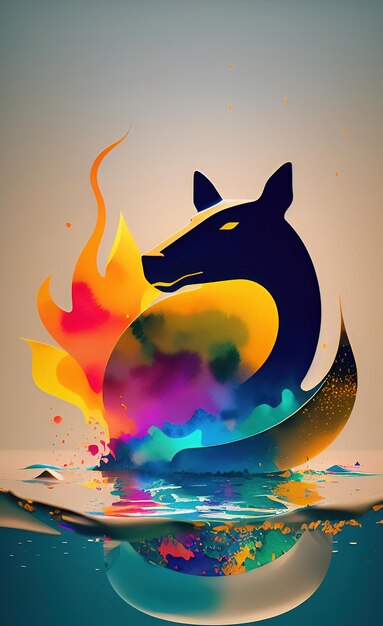 A colorful poster with a wolf and a fire on it.