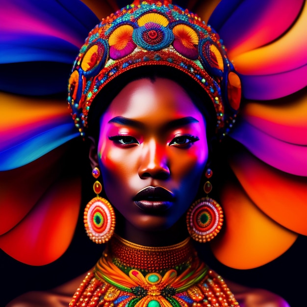 A colorful poster with a woman wearing a headdress and a headdress.