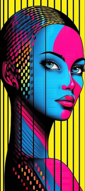 A colorful poster of a woman with a blue face and black and yellow lines
