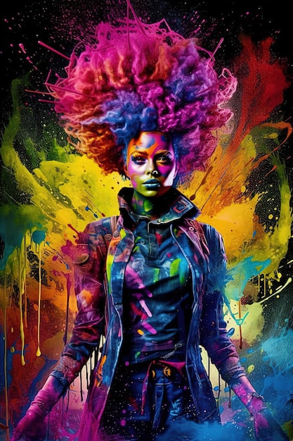 A colorful poster of a woman with colorful hair and outfit