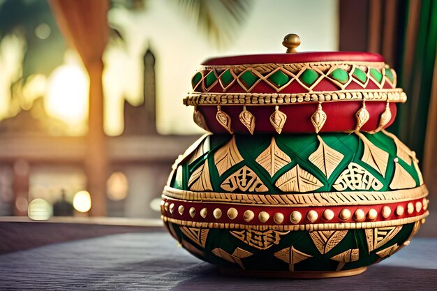 Photo a colorful pot with a green and red design on the top.