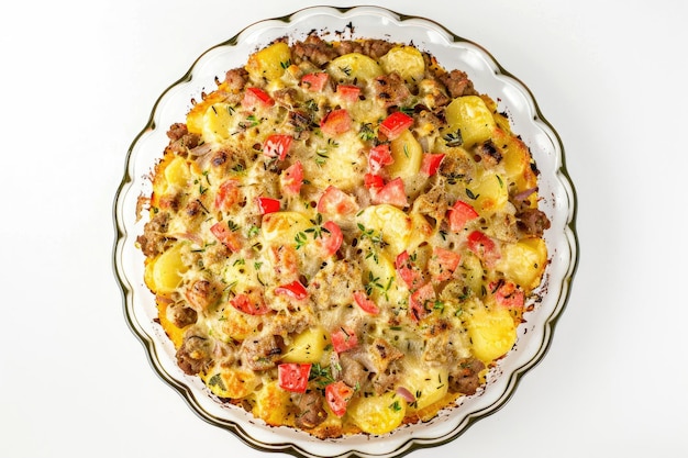 Colorful potato casserole with meat and herbs