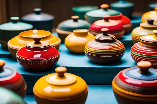 Colorful pots are displayed on a blue table