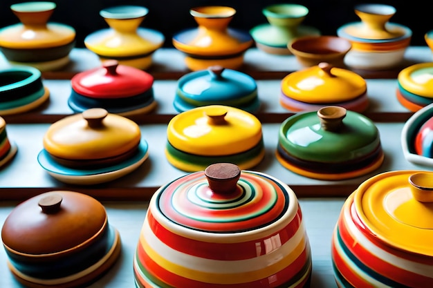 colorful pots are displayed in a row.