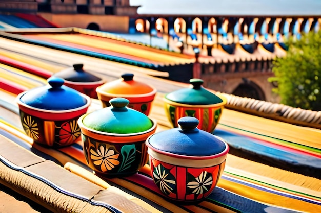 Colorful pots on a balcony with a view of the water.