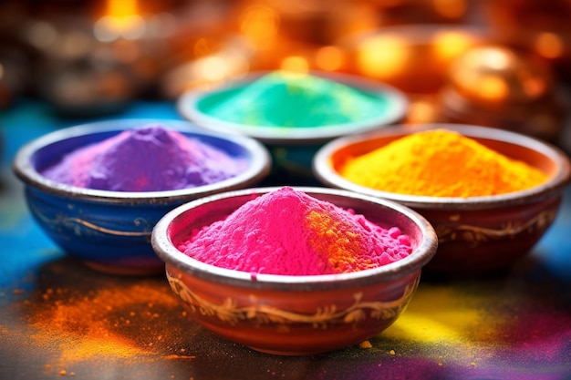 Colorful pots and drumms with Holi powder Indian festival of colors