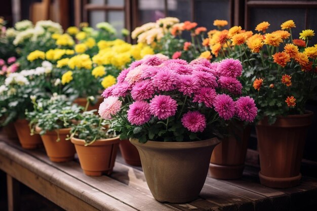 Colorful potted chrysanthemum on pavement of city street flower shop