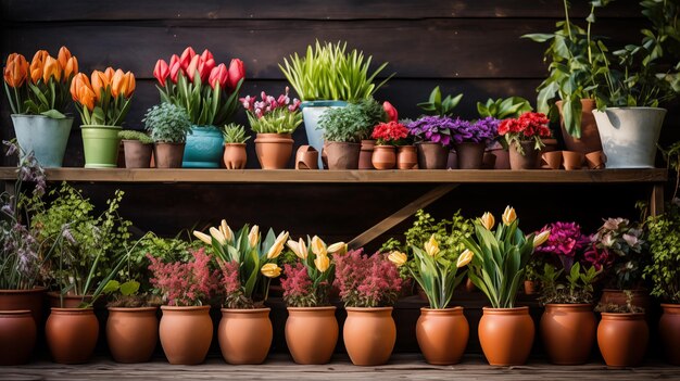 Colorful potted flowers and plants on wooden shelves against a dark background