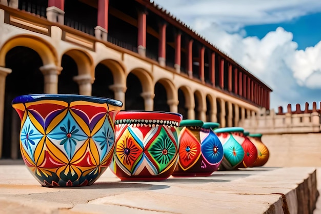 Colorful pottery are lined up on a sidewalk.