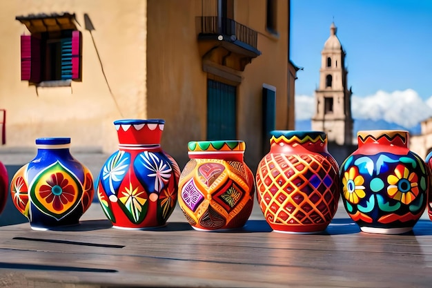 Colorful pottery on display in front of a building.