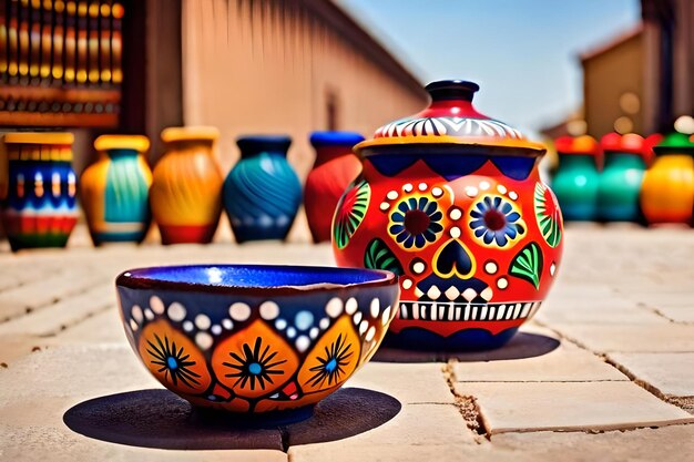 Colorful pottery in front of a building with a skull on the front.