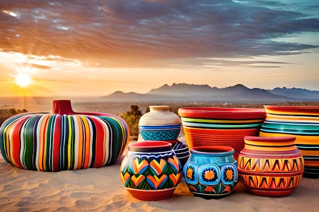 Colorful pottery on the sand in the desert