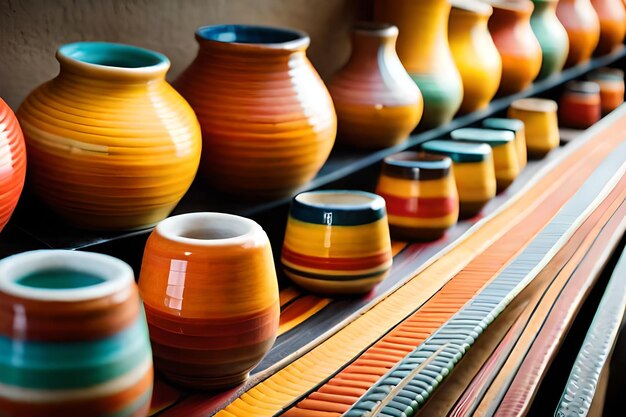 colorful pottery on a shelf, including one that says " pottery ".