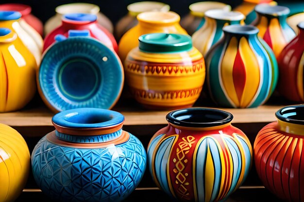 colorful pottery on a shelf, one of which has the word " escala " on it.