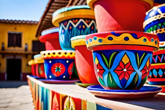 Photo colorful pottery on a shelf in a street of a village.