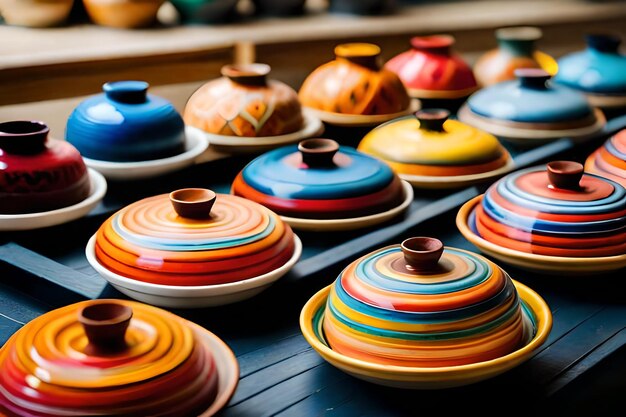 Colorful pottery in a shop window