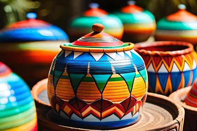 Photo colorful pottery in a shop window